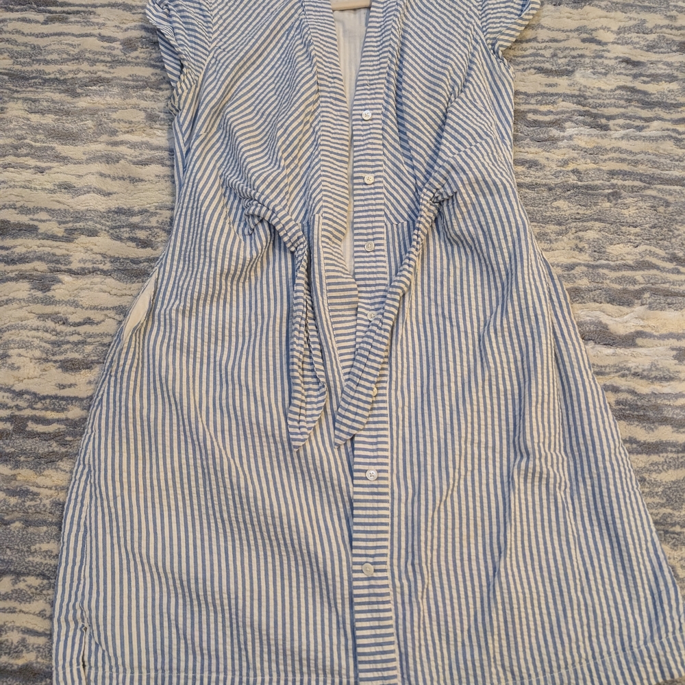 Vineyard Vibes Blue and White Striped Seersucker Dress